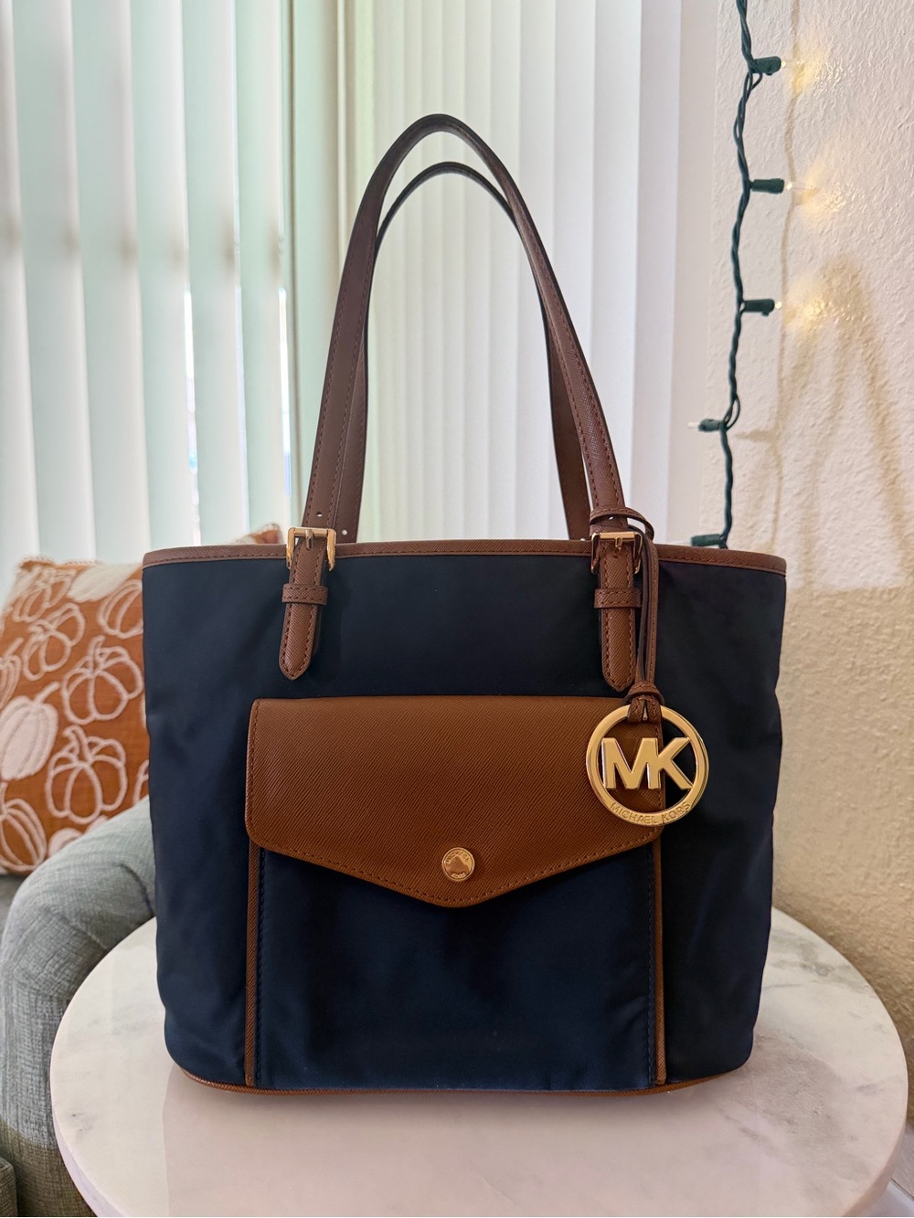 Michael Kors Jet Set Navy and Brown Leather Purse